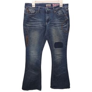 Indigo rein hippy flare bottom distressed stretch denim jeans 11/12